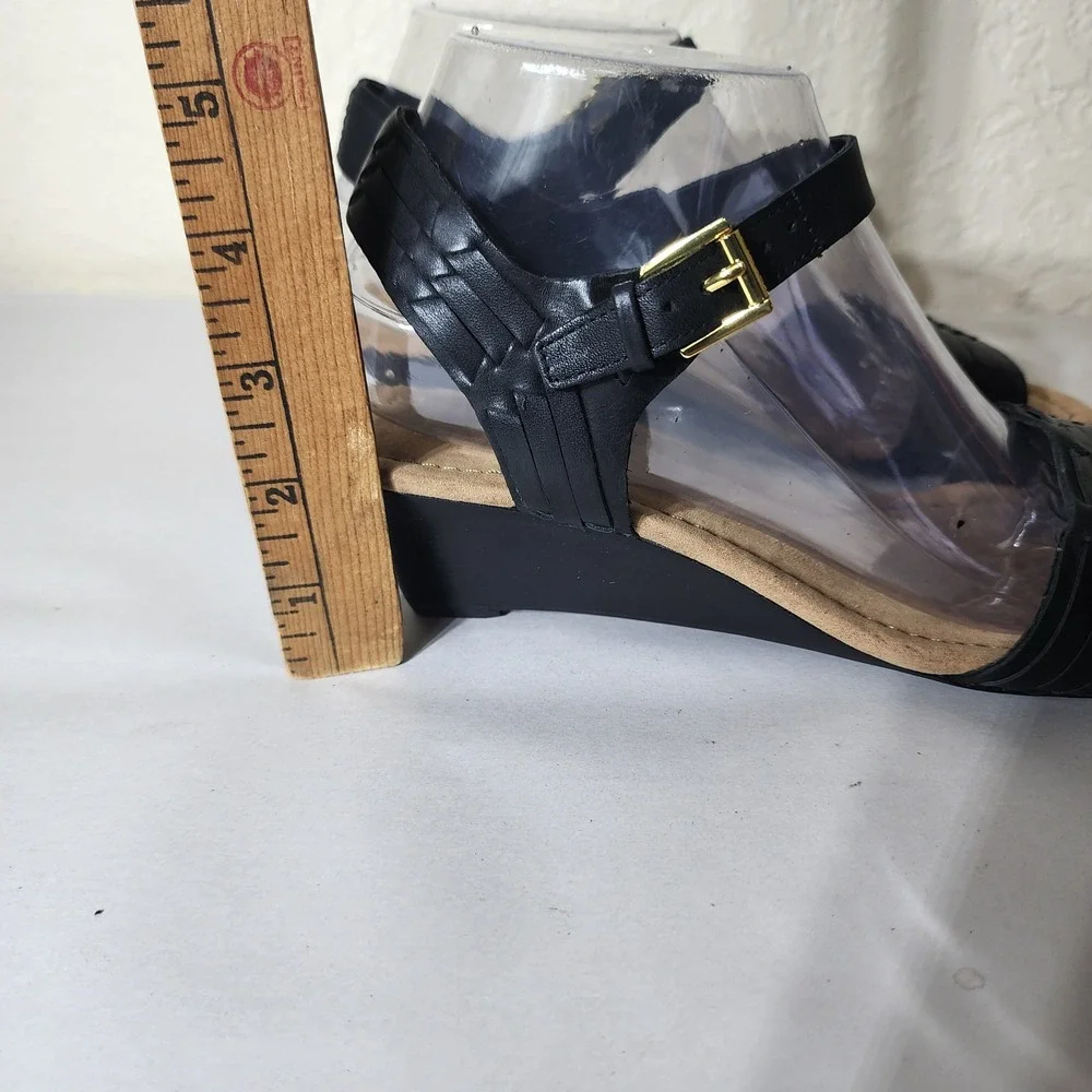 Lauren Ralph Lauren Black Leather Woven Wedge Sandals Womens 7.5B Low Heel